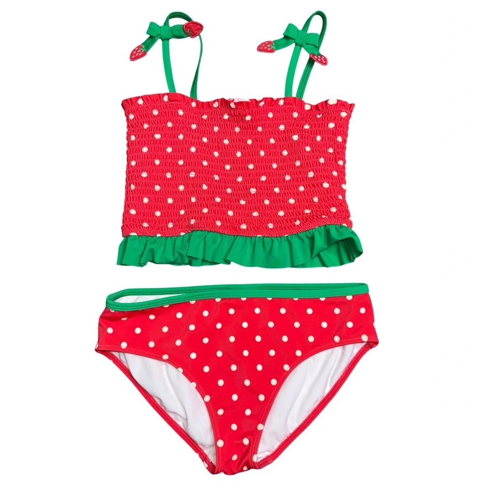 Mini Boden Strawberry Tankini Girls 11-12Y Red Polka Dot Good Smocked Ruffle